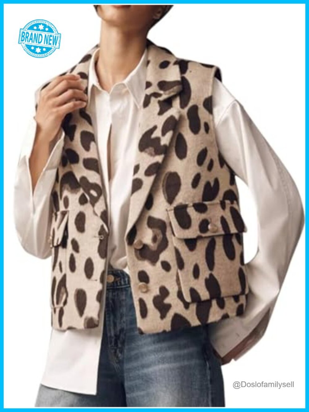 Leopard Print Flannel Vest Sleeveless Button Down Blazer Style Collar